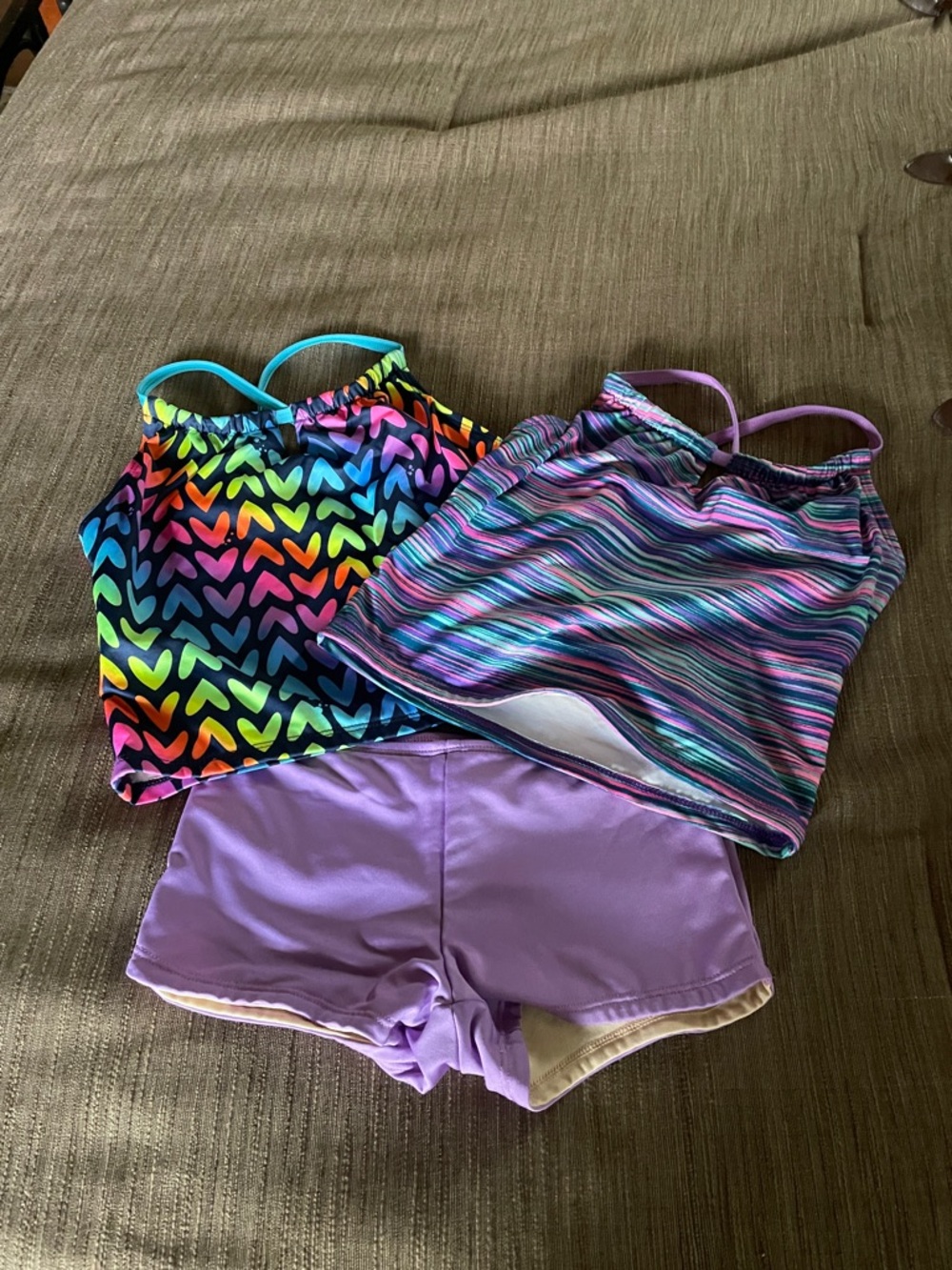 Lands' End Kids Multicolor Heart & Stripe Tankini Set with Lavender Swim Shorts